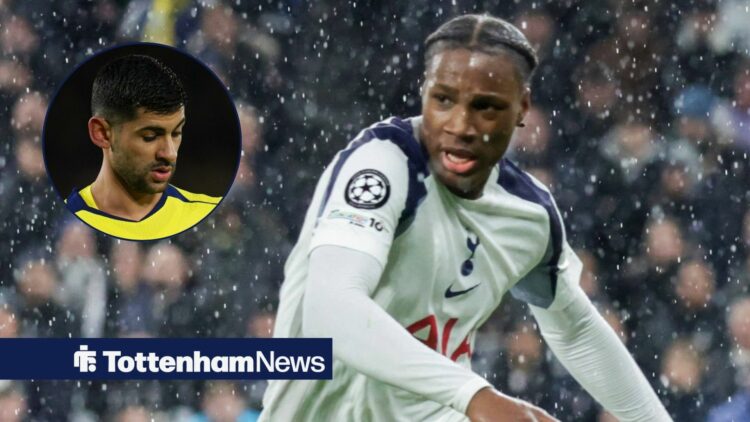 Tottenham defender Jun'ai Byfield runs after the ball against Borussia Dortmund, alongside a circular inset of a dejected Cristian Romero (top left)
