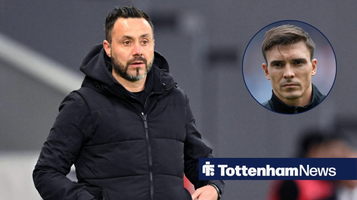 Roberto De Zerbi stands on the touchline, alongside an inset of a grim-faced Joao Palhinha before a Tottenham match (top right)