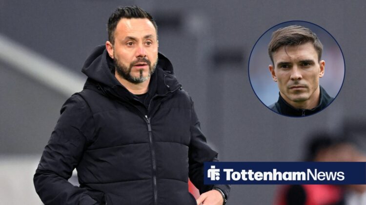 Roberto De Zerbi stands on the touchline, alongside an inset of a grim-faced Joao Palhinha before a Tottenham match (top right)