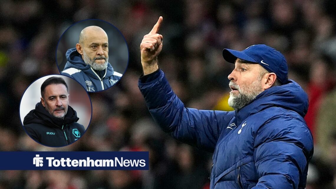 Igor Tudor in Tottenham attire, with Vitor Pereira and Nuno Espirito Santo in circular frames inset