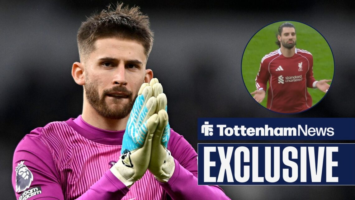 Guglielmo Vicario playing for Tottenham looking towards a circle inset of Dominik Szoboszlai celebrating for Liverpool against Tottenham