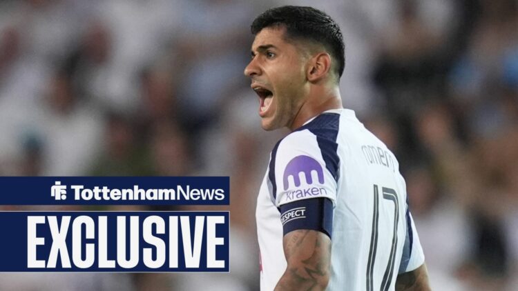 Tottenham s Cristian Romero scores and celebrates after second goal during the 2025 UEFA Super Cup final football match between Paris Saint-Germain...