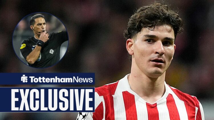 Julian Alvarez playing for Atletico Madrid vs Tottenham with Serdar Gozubuyuk in frame