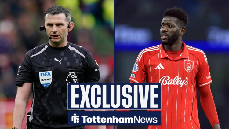 Ibrahim Sangare in action for Nottingham Forest, with Michael Oliver alongside him