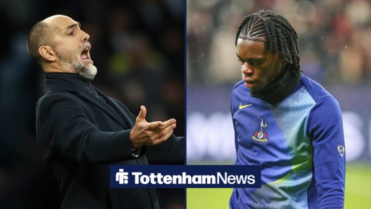 Tottenham boss Igor Tudor shouts at his players on the left side of a 50/50 split, alongside Callum Olusesi warming up before a match