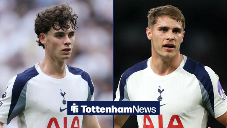Archie Gray in a Tottenham shirt looking at his teammate Micky van de Ven.