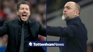 Diego Simeone with his arms outstretched alongside Igor Tudor.