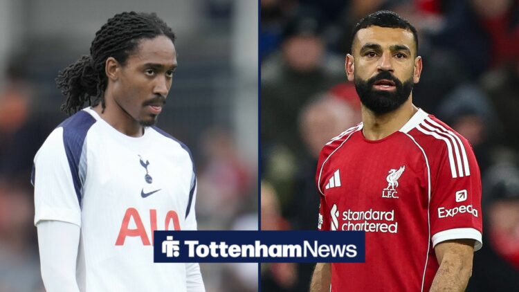Djed Spence playing for Tottenham with Mohamed Salah playing for Liverpool