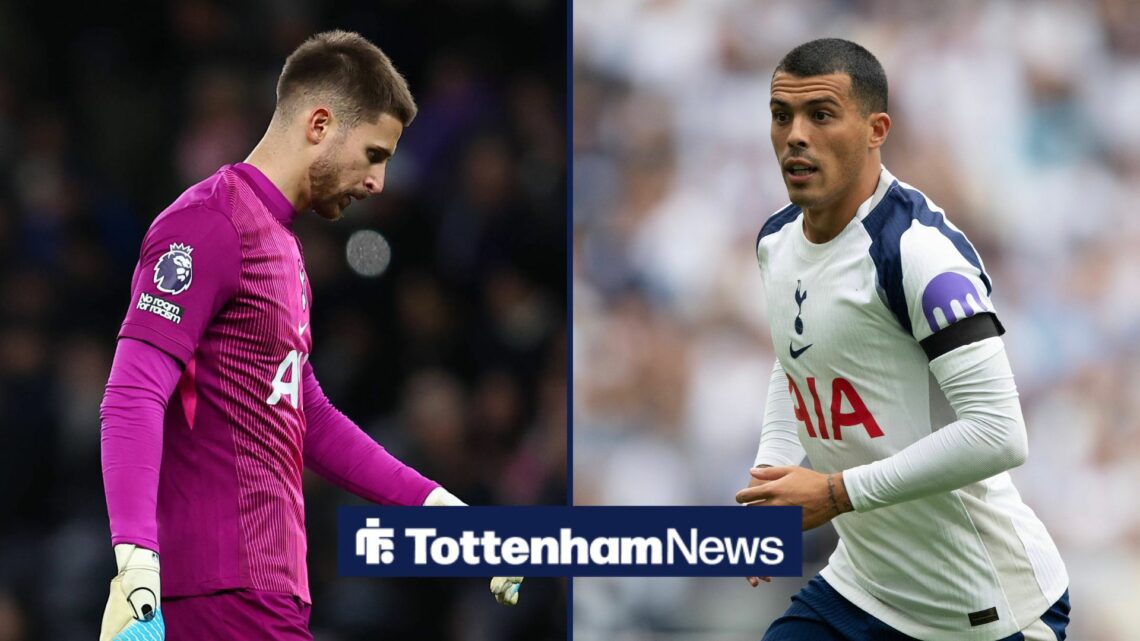 Guglielmo Vicario and Pedro Porro playing for Tottenham