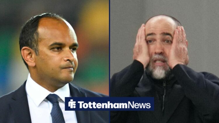 Tottenham CEO Vinai Venkatesham looks to his left in a suit in a 50/50 split with Igor Tudor with his head in his hands