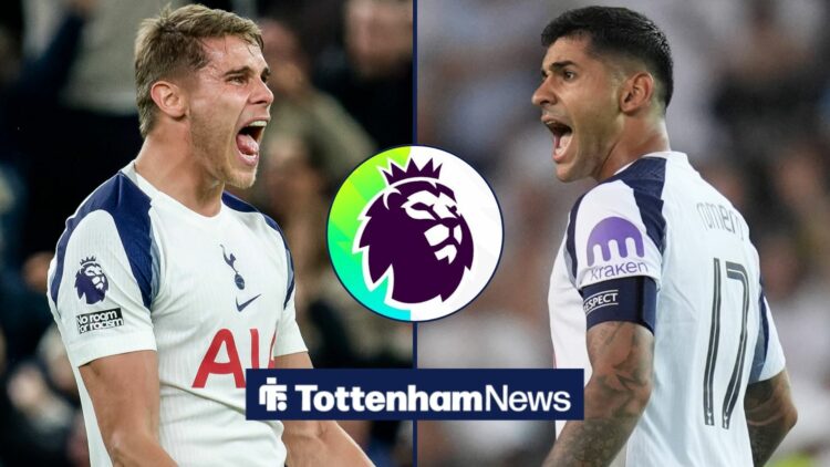 Tottenham s Cristian Romero scores and celebrates after second goal during the 2025 UEFA Super Cup final football match between Paris Saint-Germain...
