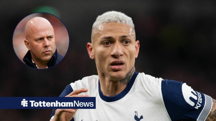 Richarlison in action for Tottenham, with Arne Slot in a circular frame inset
