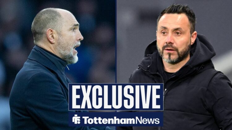 Igor Tudor reacts in Tottenham's clash with Arsenal, Roberto De Zerbi watching on.