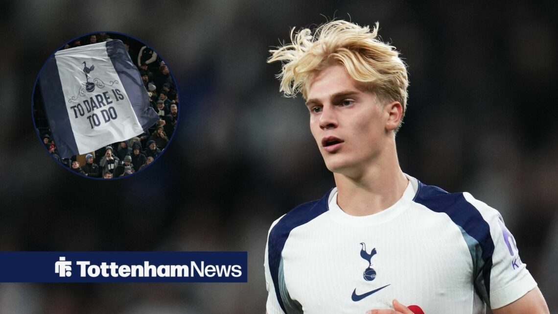 Lucas Bergvall of Tottenham Hotspur during the UEFA Champions League match with Villarreal CF, Tottenham fans in inset with a 'To Dare is to Do' ba...