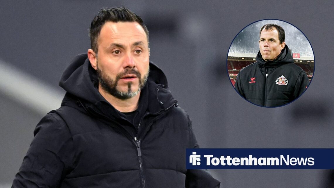 Tottenham manager elect Roberto De Zerbi watching on, Sunderland boss Regis Le Bris looking miserable.