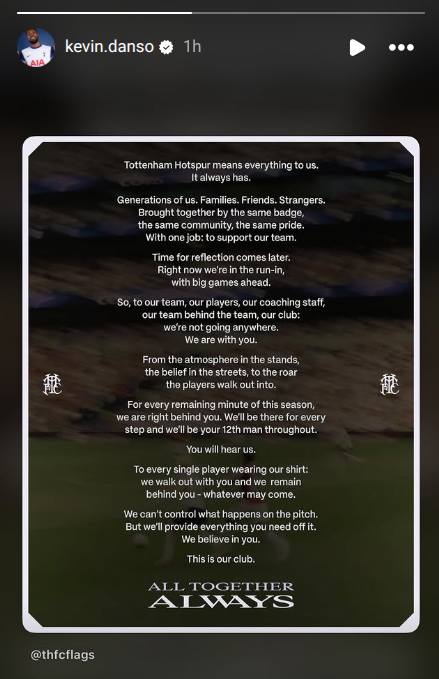 A screenshot of Kevin Danso's Instagram story in which he reshared a statement from THFC Flags