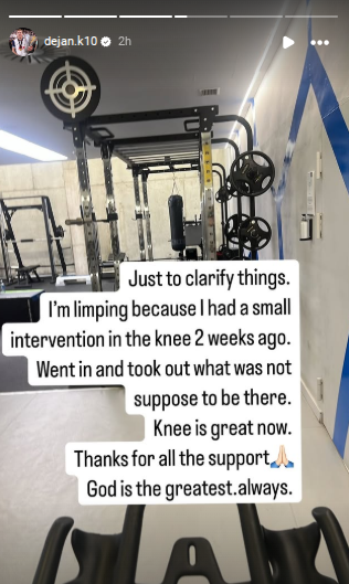 A screenshot of Dejan Kulusevki's Instagram story in which he provided an update on his knee injury