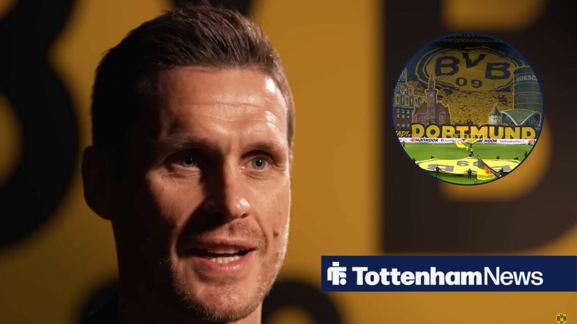 Former Borussia Dortmund sporting director and reported Tottenham target Sebastian Kehl in an interview, Dortmund fans in inset.