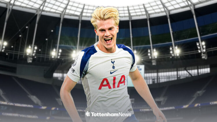 Lucas Bergvall celebrating in a Tottenham shirt.