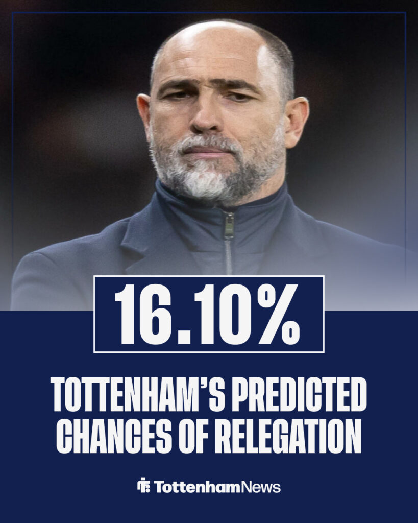 Igor Tudor looking on as Opta's prediction for Tottenham's relegation sits in graphic.