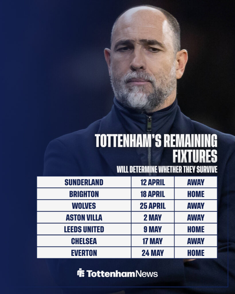 Tottenham's remaining Premier League fixtures.