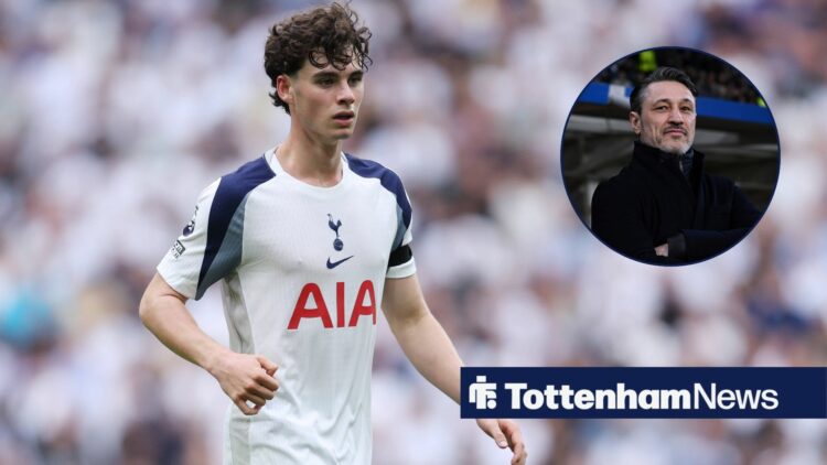 Archie Gray playing for Tottenham alongside a circular inset of Niko Kovac.