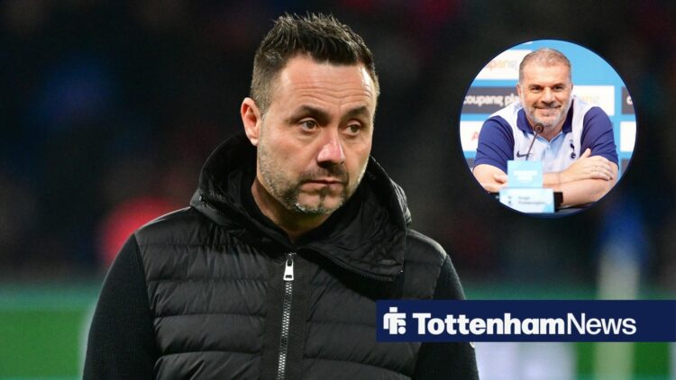 Roberto De Zerbi looking at a circular inset of Ange Postecoglou at a Tottenham press conference.