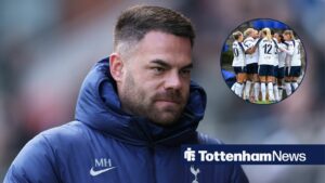 Martin Ho looking at a circular inset of Tottenham Women.