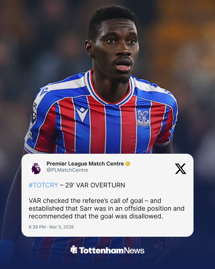 Premier League Match Centre's statement on Ismaila Sarr offside goal vs Tottenham.