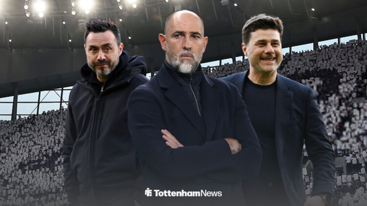 Roberto De Zerbi, Igor Tudor and Mauricio Pochettino, with Tottenham Hotspur Stadium as the background.