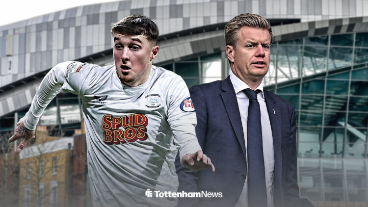 Alfie Devine in a Tottenham shirt while Tottenham chief Johan Lange stands next to him, both outside the Tottenham Hotspur Stadium.