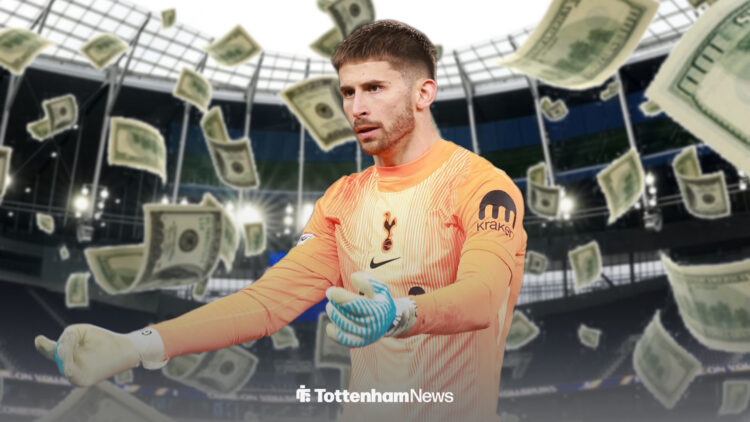 Guglielmo Vicario at Tottenham Hotspur Stadium with money falling in the background