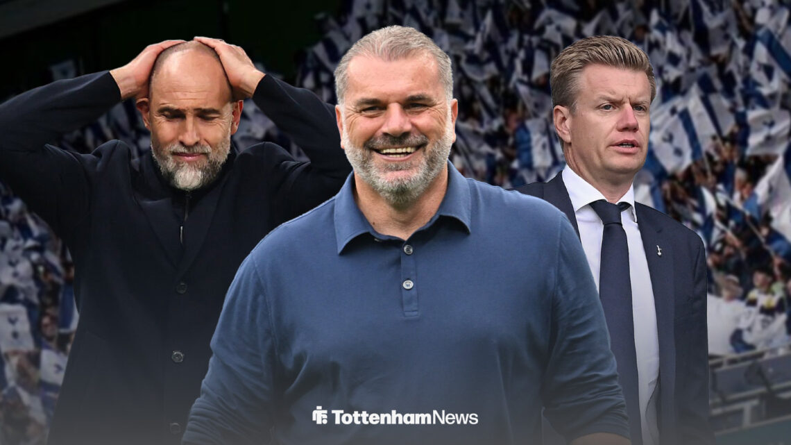 Ange Postecoglu smiling alongside a frustrated Igor Tudor and Johan Lange.