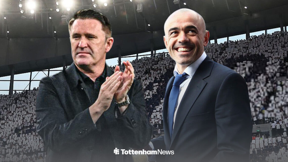 Robbie Keane and Stephen Carr standing in front of Tottenham Hotspur Stadium