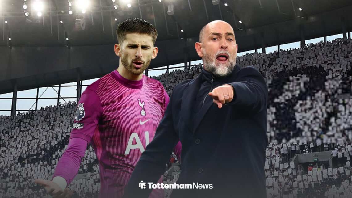 Tottenham goalkeeper Guglielmo Vicario looks dejected (left), next to an angry-looking Igor Tudor