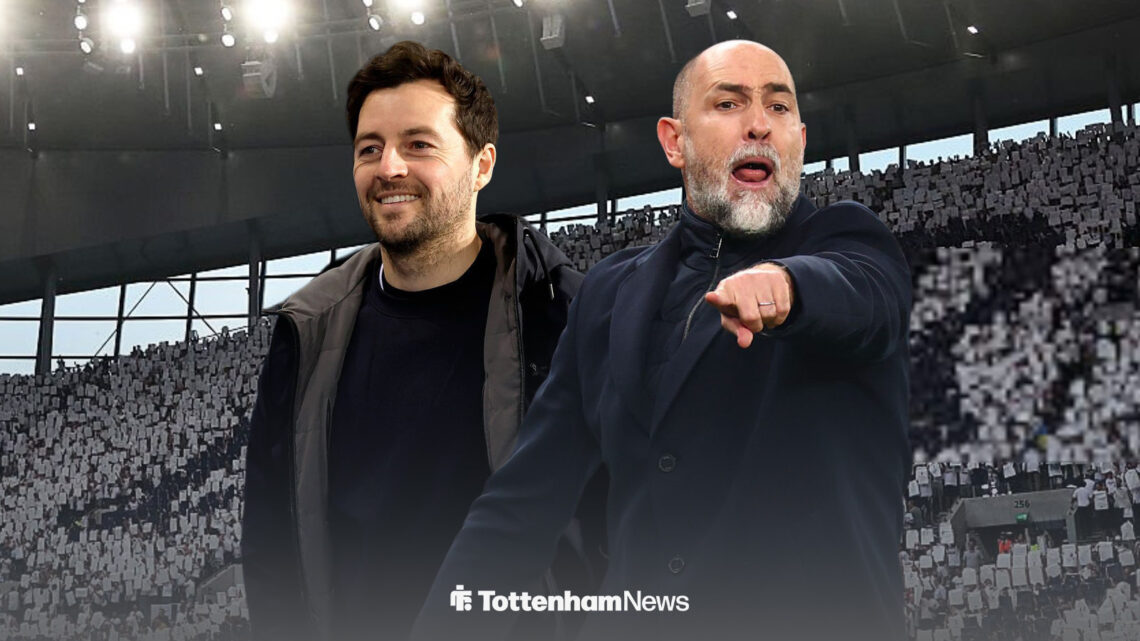 Ryan Mason and Igor Tudor standing in front of a Tottenham Hotspur Stadium backdrop.