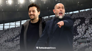 Ryan Mason and Igor Tudor standing in front of a Tottenham Hotspur Stadium backdrop.