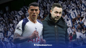 Pedro Porro in action for Tottenham alongside Roberto De Zerbi stood on the touchline, on a Tottenham Hotspur Stadium backdrop