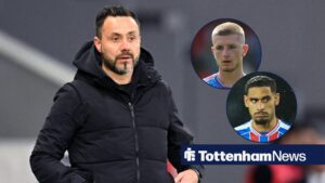 Roberto De Zerbi looks on, with Adam Wharton and Maxence Lacroix (inset)