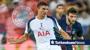 Joao Palhinha playing for Tottenham alongside a Bayern Munich badge
