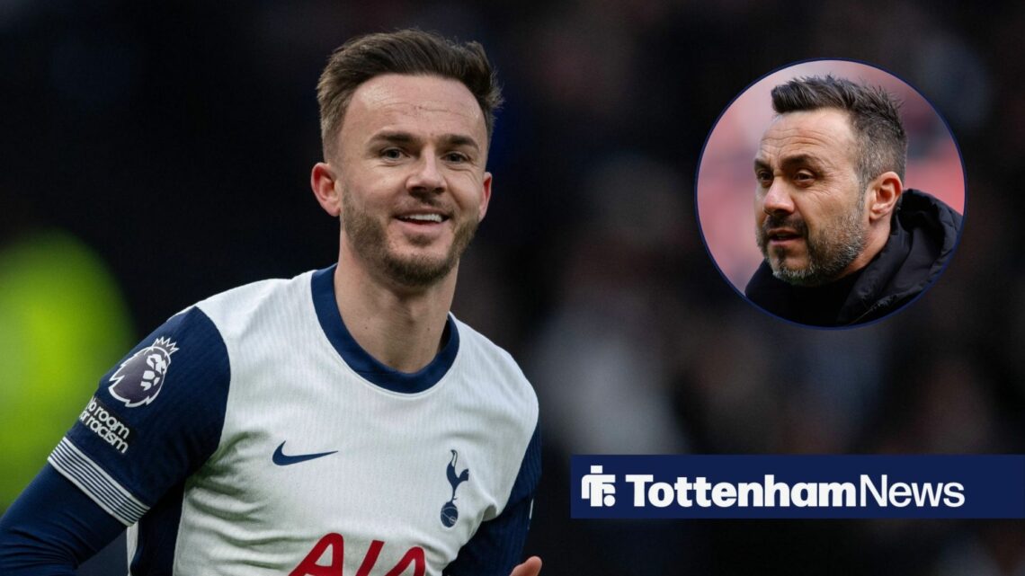 James Maddison smiles during a Tottenham match, alongside a circular inset of Roberto De Zerbi on the touchline (top right)