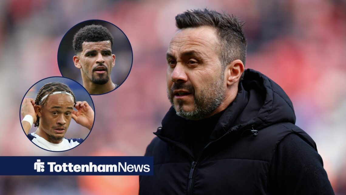 Roberto De Zerbi looks concerned alongside circular insets of a worried Xavi Simons (bottom left) and Dominic Solanke (top left)