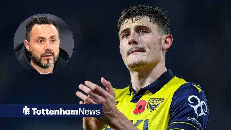 Oxford United striker Will Lankshear applauds supporters after a match, alongside a circular inset (top left) of Roberto De Zerbi stood on the touc...