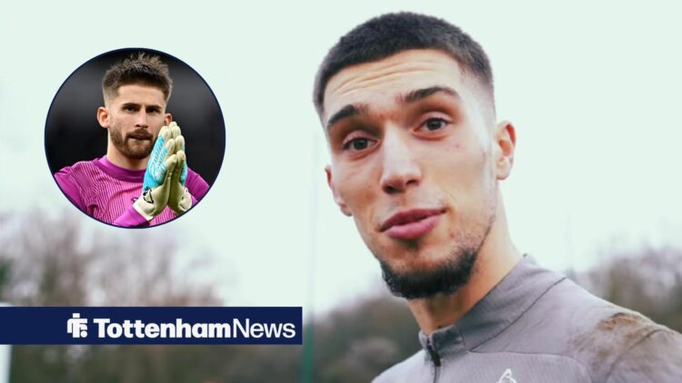 Tottenham Hotspur goalkeeper Guglielmo Vicario looking in the direction of transfer target and RC Lens star, Robin Risser.