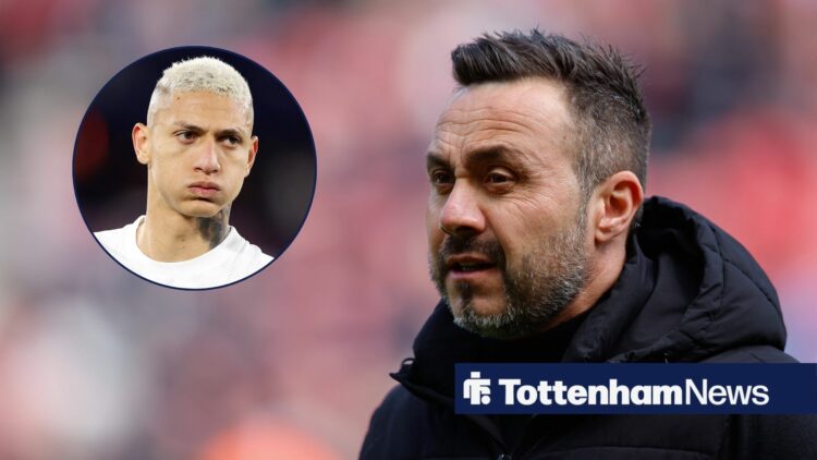 Richarlison puffs out his cheeks (inset) and Roberto De Zerbi looks on