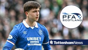 Mikey Moore holding the ball for Rangers looking towards a circle inset of the PFA Scotland logo