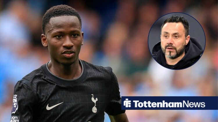 Tottenham midfielder Pape Sarr in action during a match, alongside a circular inset of Roberto De Zerbi on the touchline (top right)