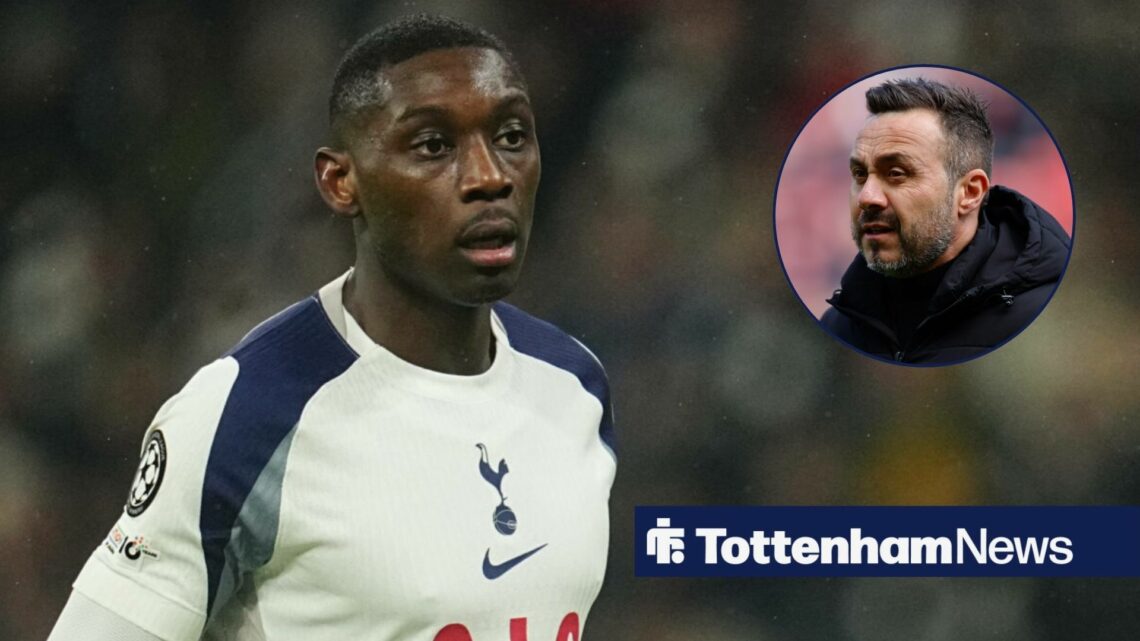 Randal Kolo Muani in action for Tottenham and Roberto De Zerbi, manager of Tottenham Hotspur, prior to kick off during the Sunderland v Tottenham H...