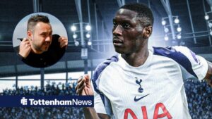 Randal Kolo Muani playing for Tottenham looking towards a circle inset of Roberto De Zerbi