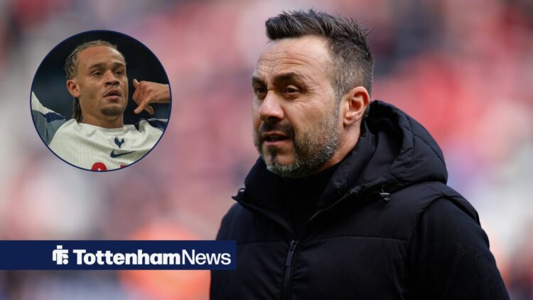 Roberto De Zerbi is pictured stood on the touchline during a match, alongside a circular inset of Xavi Simons celebrating a Tottenham goal (top right)